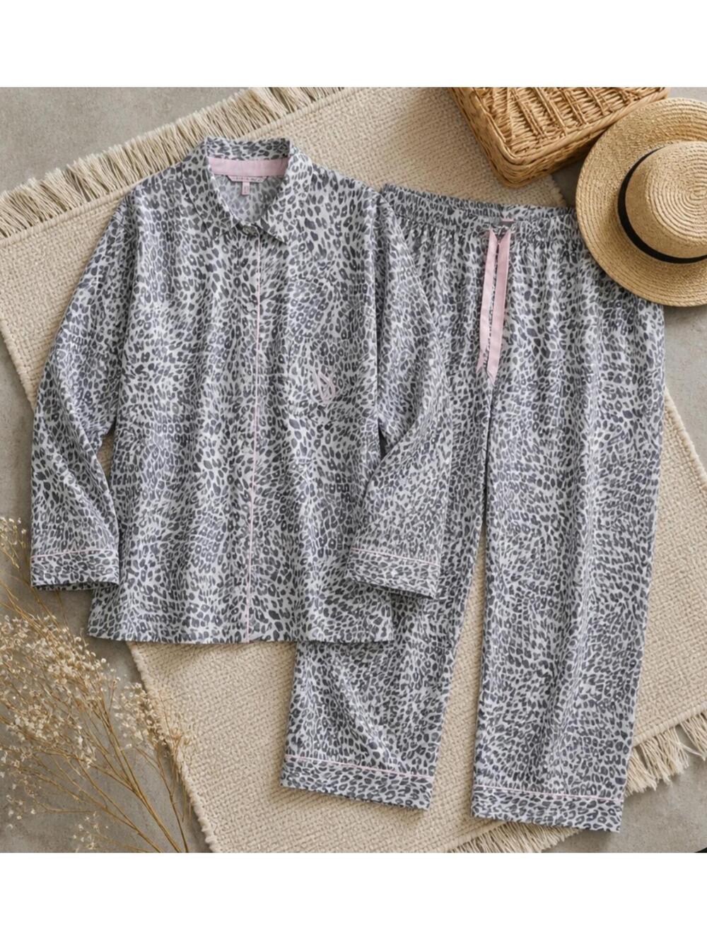 Victoria Secret Gray Leopard Print Pajama Set with Pink Accents size XL NWT